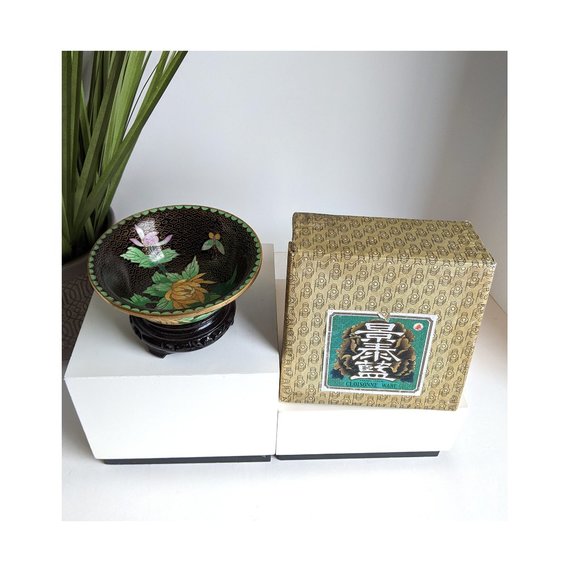 Mid Century Chinese Zi Jin Cheng Cloisonne Bowl with Brass Rims Stand & Box - Picture 9 of 9